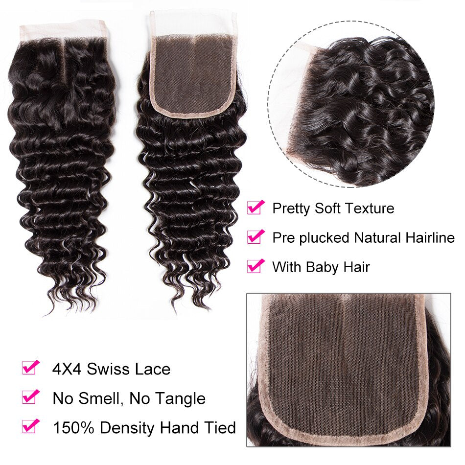 Hair Deep Wave Closure HD Transparent Lace Closure 100% 